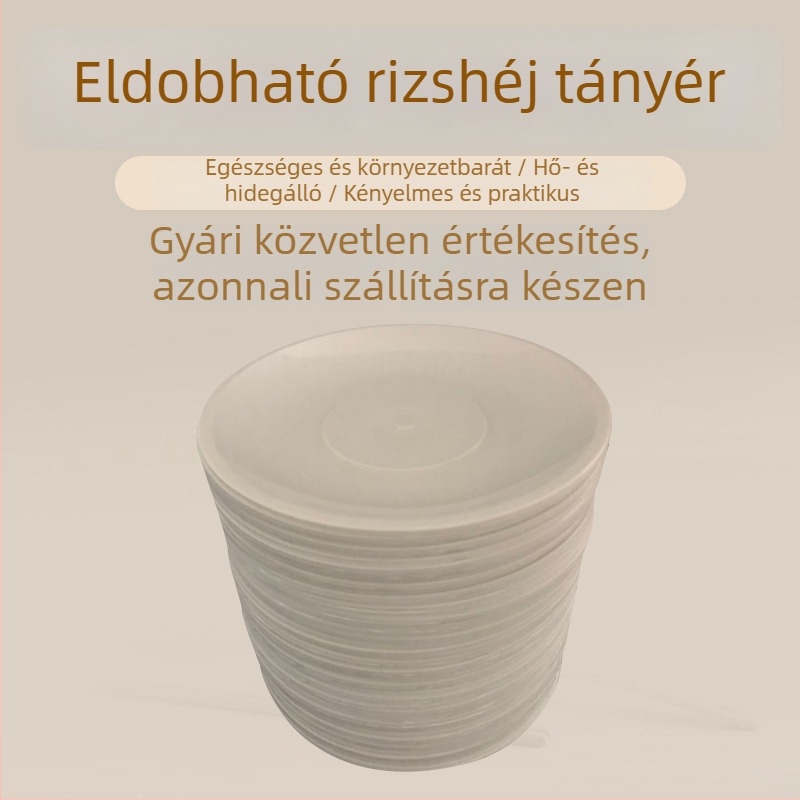 Rizshéjból készült egyszer használatos edények, biológiailag lebomló, vastagított, tejfehér színű, 150 darabos készlet, otthoni és szállodai használatra