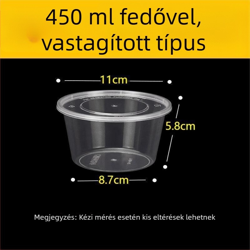 Egyszer használatos kör ételtároló fedéllel, átlátszó műanyag; nem mikrózható