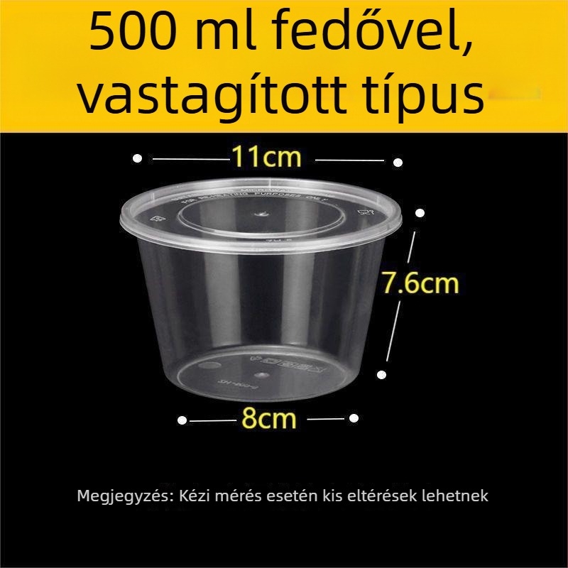 Egyszer használatos kör ételtároló fedéllel, átlátszó műanyag; nem mikrózható