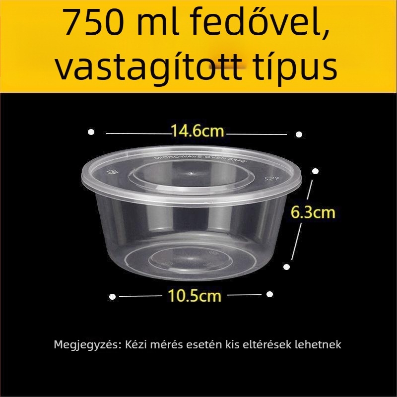 Egyszer használatos kör ételtároló fedéllel, átlátszó műanyag; nem mikrózható