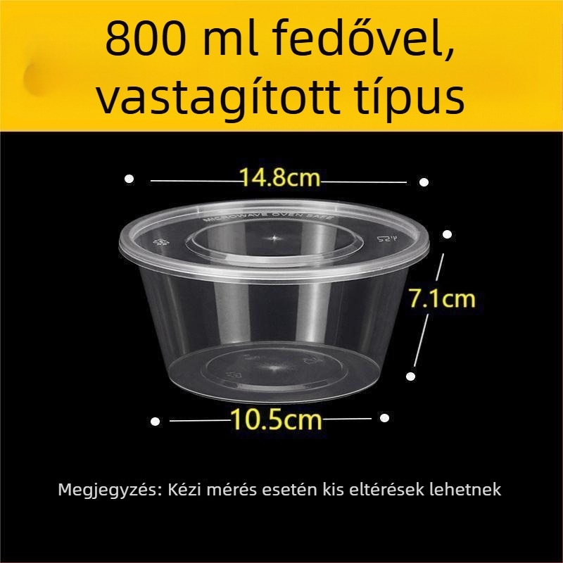 Egyszer használatos kör ételtároló fedéllel, átlátszó műanyag; nem mikrózható