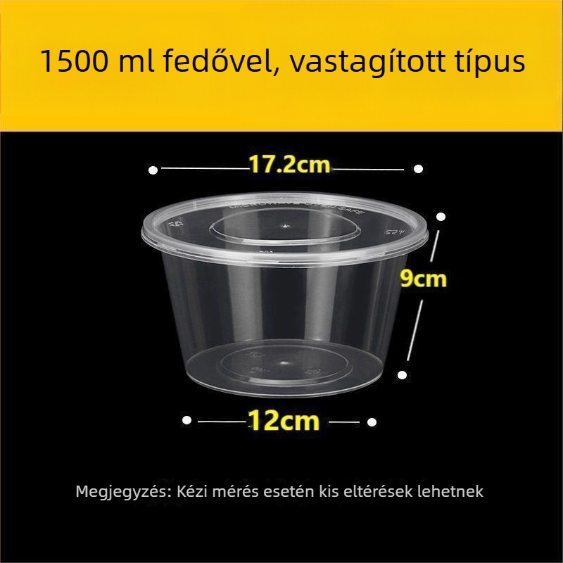 Egyszer használatos kör ételtároló fedéllel, átlátszó műanyag; nem mikrózható