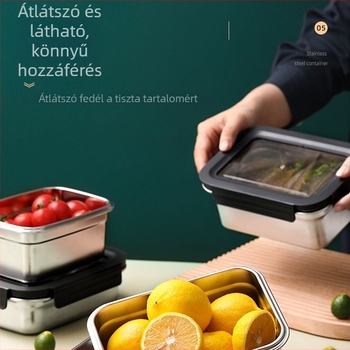 304 rozsdamentes acél élelmiszer-tároló doboz látható és levehető fedéllel, négyzetes alak, 301–500 ml kapacitás