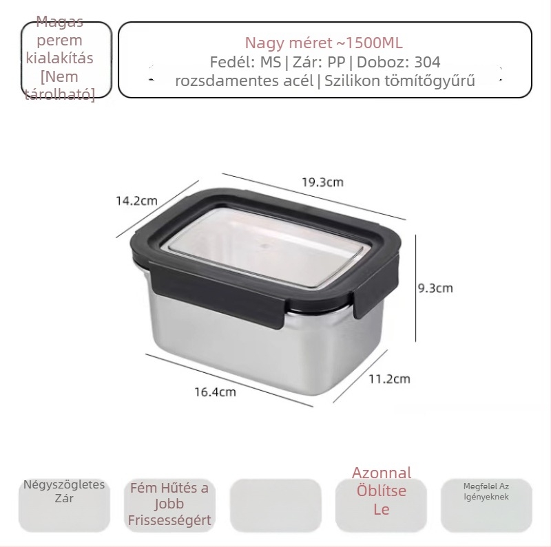 304 rozsdamentes acél élelmiszer-tároló doboz látható és levehető fedéllel, négyzetes alak, 301–500 ml kapacitás