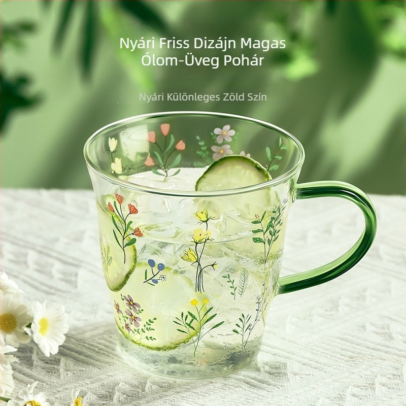 Fogantyús üvegpohár, magas hőmérséklet-ellenálló, boroszilikát üveg, cilindrikus alak, virágos mintázat, ajándék készlet