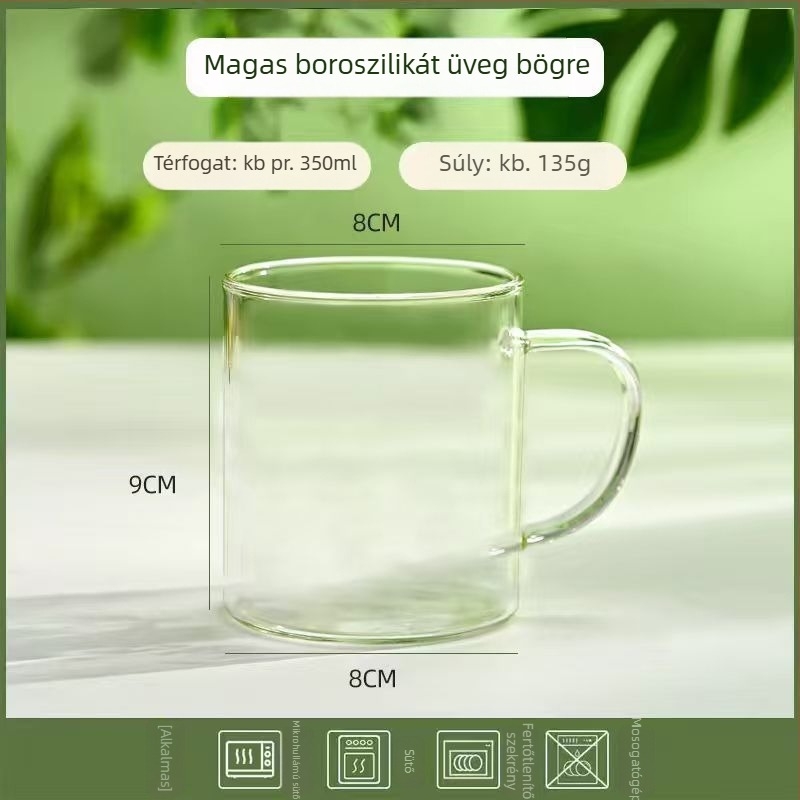 Fogantyús üvegpohár, magas hőmérséklet-ellenálló, boroszilikát üveg, cilindrikus alak, virágos mintázat, ajándék készlet