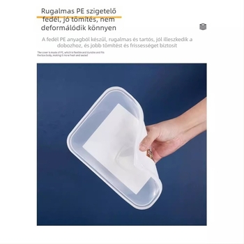 304 rozsdamentes acélból készült téglalap alakú tárolóedény, zárható fedéllel, kapacitás 1–2 L