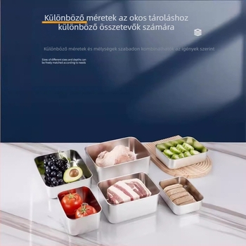 304 rozsdamentes acélból készült téglalap alakú tárolóedény, zárható fedéllel, kapacitás 1–2 L