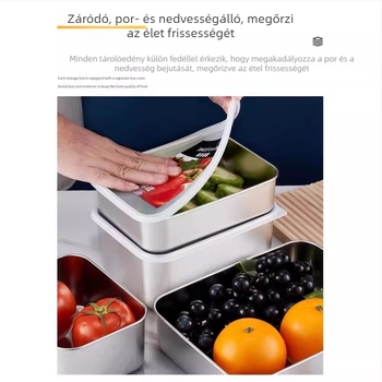 304 rozsdamentes acélból készült téglalap alakú tárolóedény, zárható fedéllel, kapacitás 1–2 L