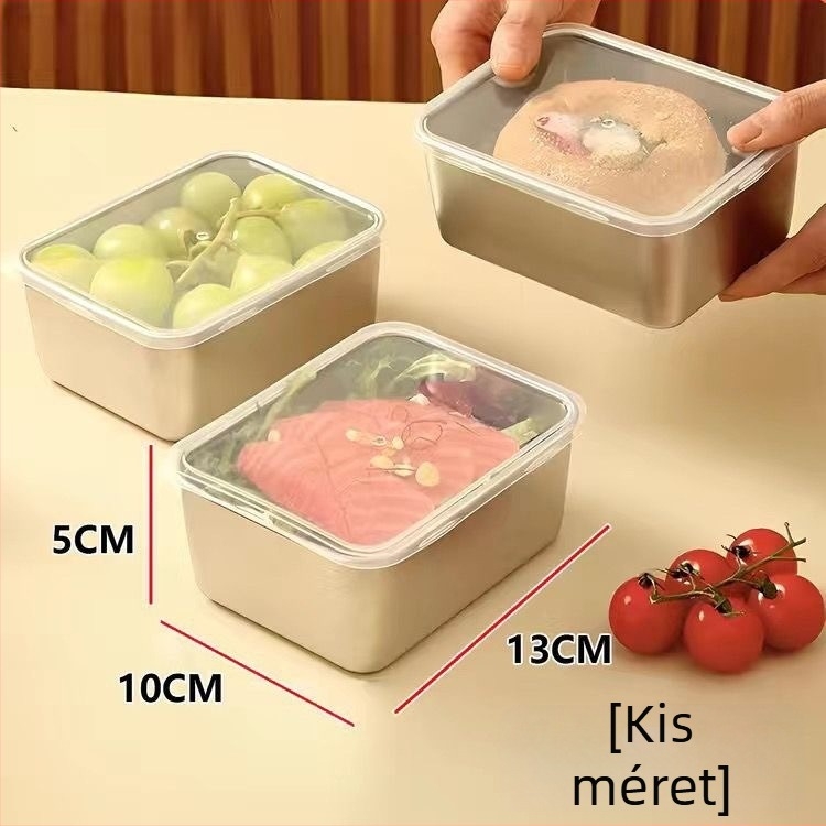 304 rozsdamentes acélból készült téglalap alakú tárolóedény, zárható fedéllel, kapacitás 1–2 L