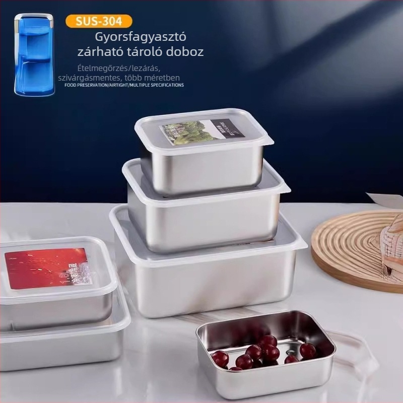 304 rozsdamentes acélból készült téglalap alakú tárolóedény, zárható fedéllel, kapacitás 1–2 L