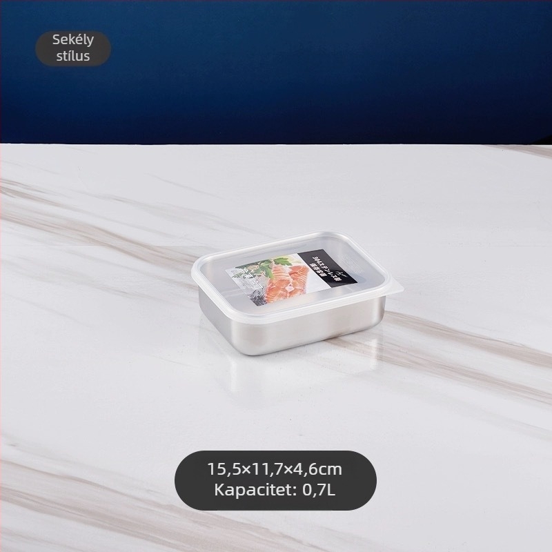 304 rozsdamentes acélból készült téglalap alakú tárolóedény, zárható fedéllel, kapacitás 1–2 L