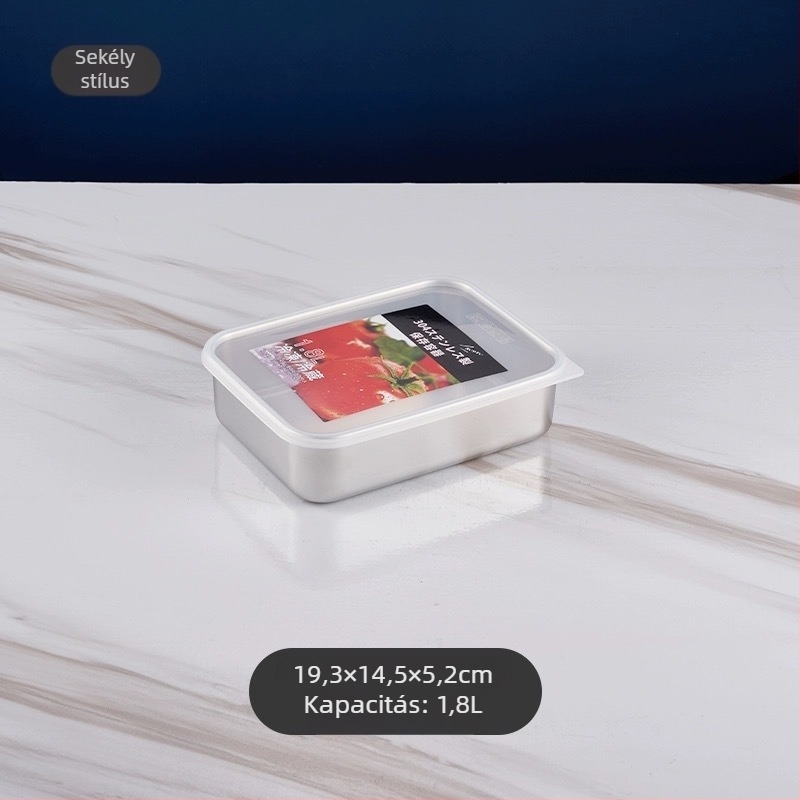 304 rozsdamentes acélból készült téglalap alakú tárolóedény, zárható fedéllel, kapacitás 1–2 L