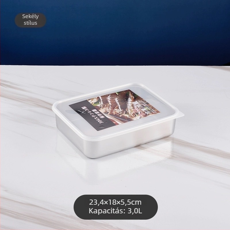 304 rozsdamentes acélból készült téglalap alakú tárolóedény, zárható fedéllel, kapacitás 1–2 L