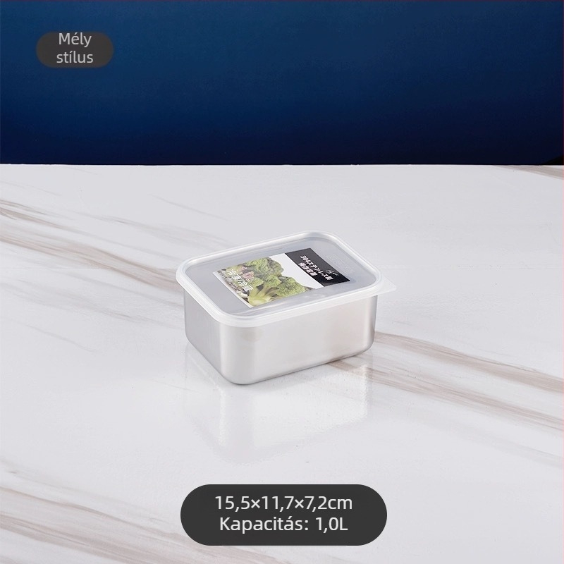 304 rozsdamentes acélból készült téglalap alakú tárolóedény, zárható fedéllel, kapacitás 1–2 L