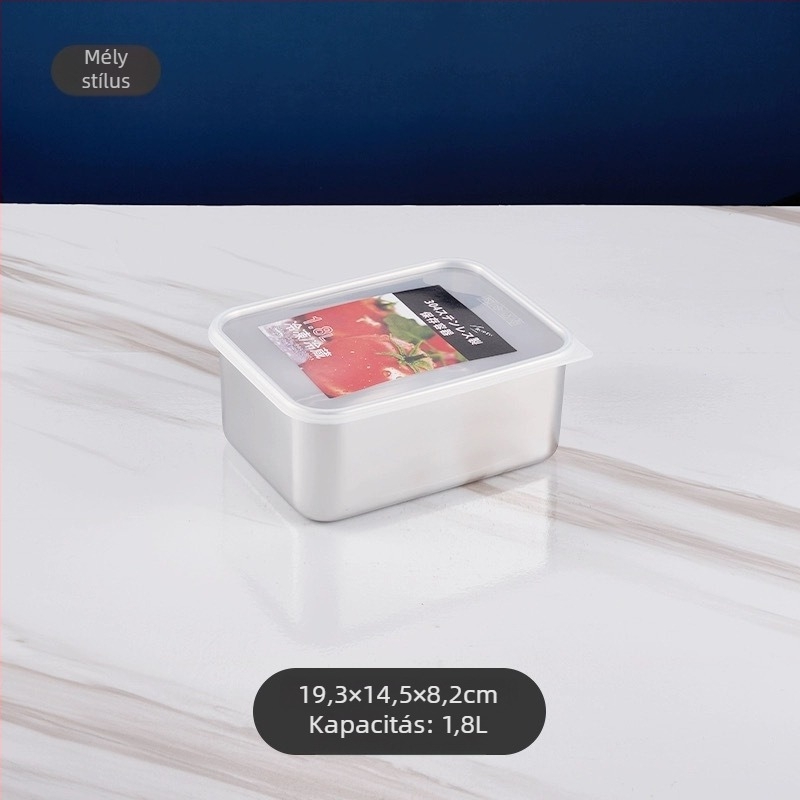 304 rozsdamentes acélból készült téglalap alakú tárolóedény, zárható fedéllel, kapacitás 1–2 L