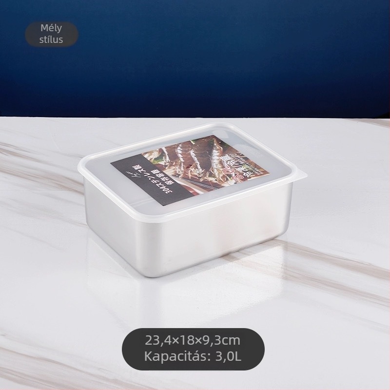 304 rozsdamentes acélból készült téglalap alakú tárolóedény, zárható fedéllel, kapacitás 1–2 L