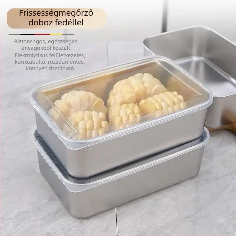 304 rozsdamentes acélból készült téglalap alakú tárolóedény, zárható fedéllel, kapacitás 1–2 L