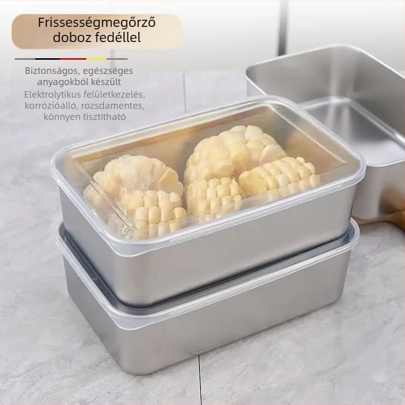 304 rozsdamentes acélból készült téglalap alakú tárolóedény, zárható fedéllel, kapacitás 1–2 L