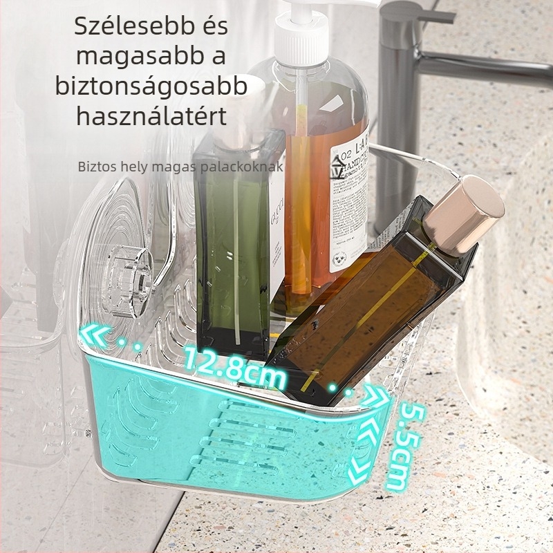 Fali szerelhető tároló polc, 1 szint, PET műanyagból, fúrás nélkül, fogkefetartó és szappanlefolyó