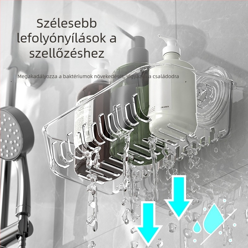 Fali szerelhető tároló polc, 1 szint, PET műanyagból, fúrás nélkül, fogkefetartó és szappanlefolyó