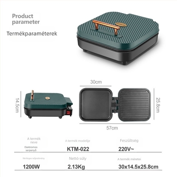 Dupla fűtésű elektromos palacsinta serpenyő, négyszögletes forma, 1200W, 220V/50Hz, fekete kristály panel, gombos vezérlés