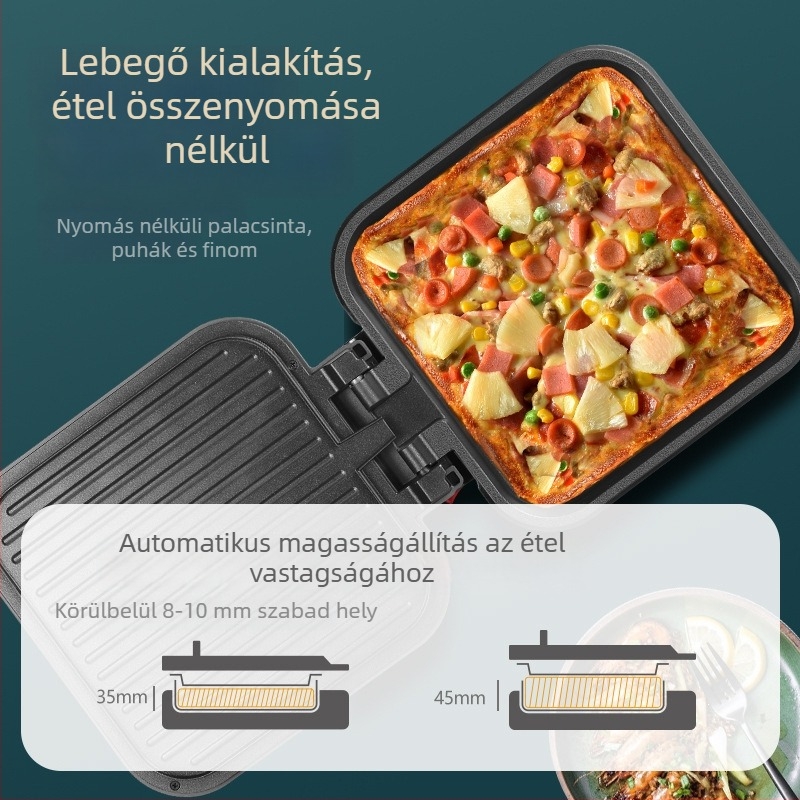 Dupla fűtésű elektromos palacsinta serpenyő, négyszögletes forma, 1200W, 220V/50Hz, fekete kristály panel, gombos vezérlés