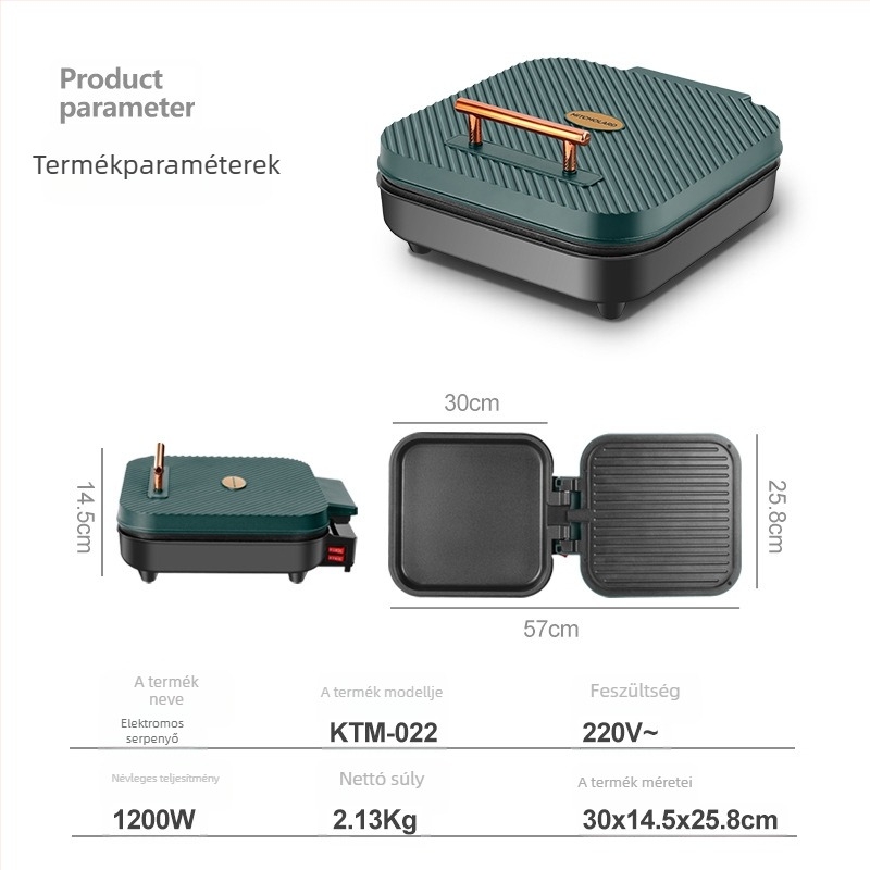 Dupla fűtésű elektromos palacsinta serpenyő, négyszögletes forma, 1200W, 220V/50Hz, fekete kristály panel, gombos vezérlés