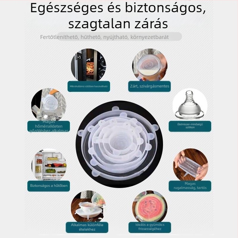 Élelmiszer-minőségű szilikon fedők, 6 darabos készlet, kör alakú tálfedők, hűtő- és mikrosütőben használható, légmentesen záró