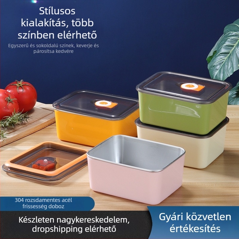 304 rozsdamentes acél frissentartó doboz, négyzet alakú, 501–800 ml, mikrohullámú sütőben használható.