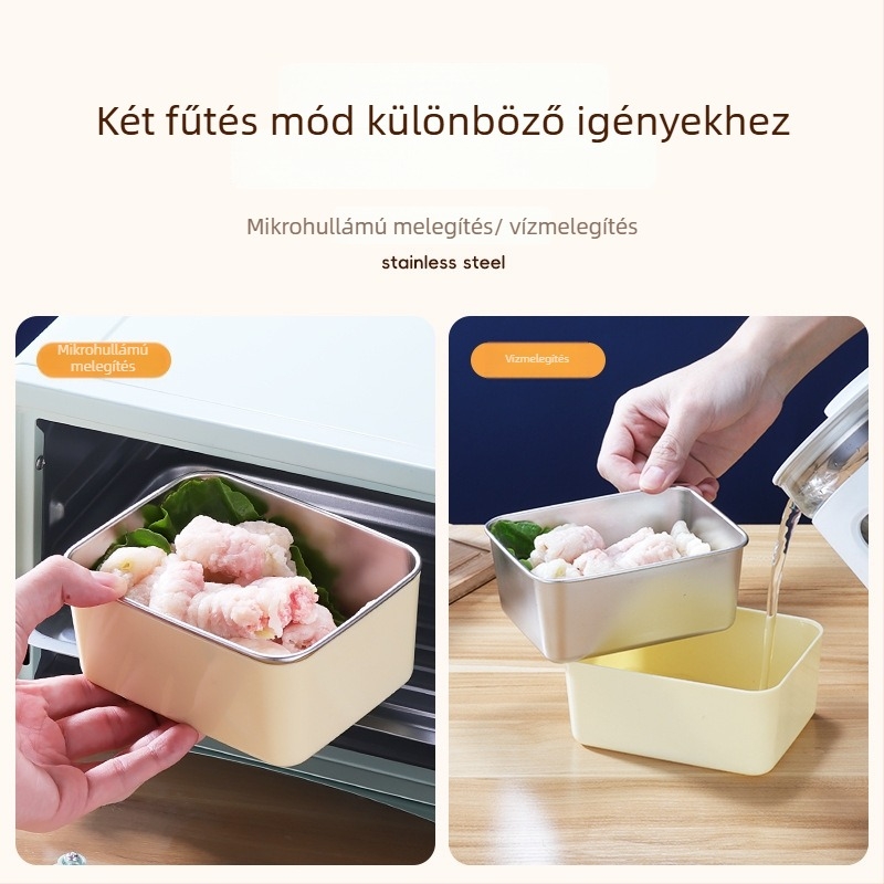 304 rozsdamentes acél frissentartó doboz, négyzet alakú, 501–800 ml, mikrohullámú sütőben használható.