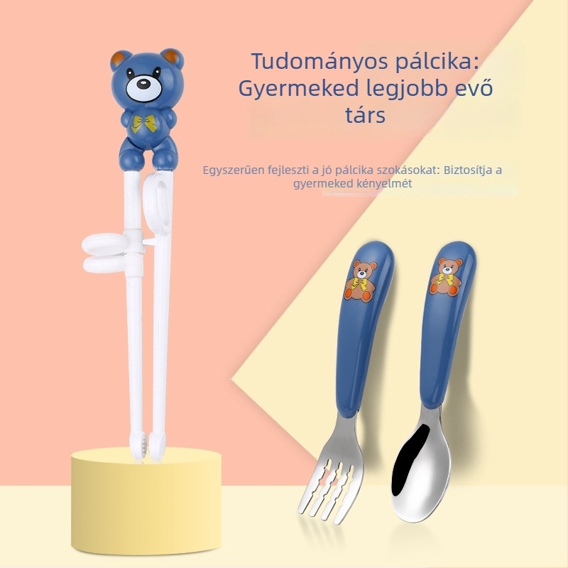 Gyerekeknek tanuló evőpálcák, 3 részes készlet kanállal és villával, rajzfilmszerű mackó design, rozsdamentes acél