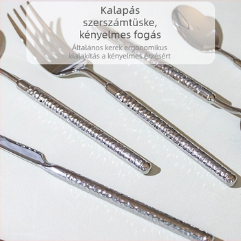 304 rozsdamentes acélból készült asztali edénykészlet, kör-diamanta-hammer textúrával és tömör nyéllel: steakkés, villa, kanál és desszertkanál