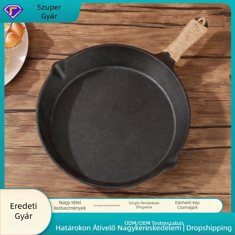 Egykezes öntöttvas serpenyő — sík aljzat, bevonat nélküli; gáztűzhely és indukciós főzőlap kompatibilis; súly 2,1 kg; mélység 4,3 cm; modell 051