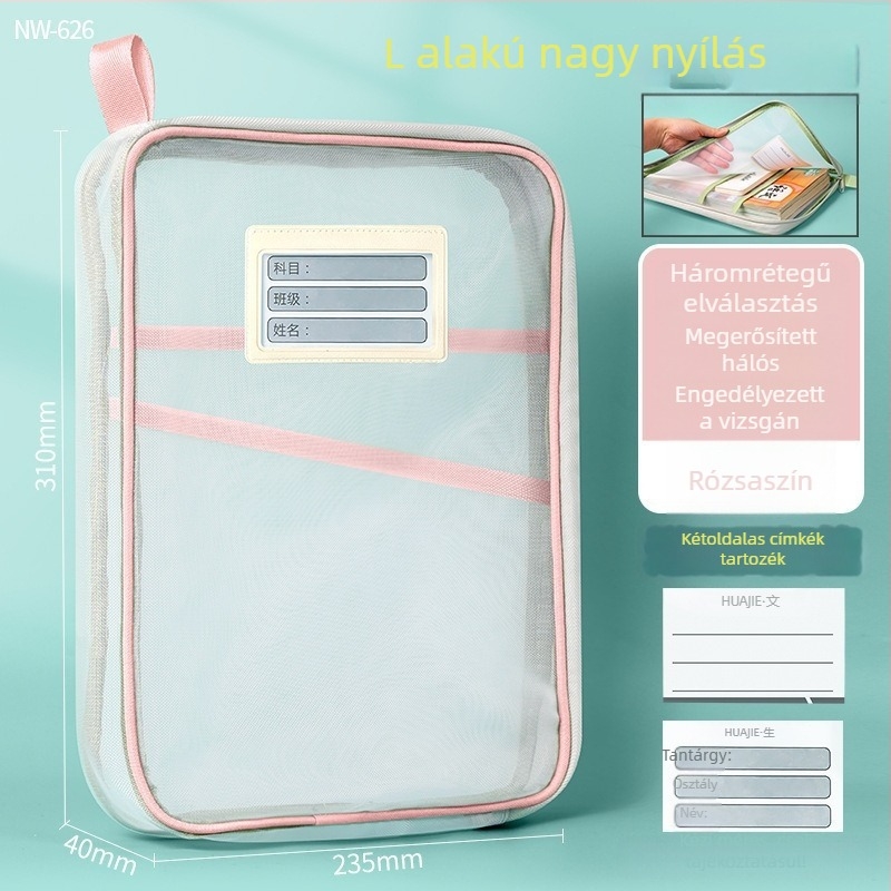 Small barley nylon háló dokumentumtáska, dupla rétegű, cipzáras, téglalap alakú