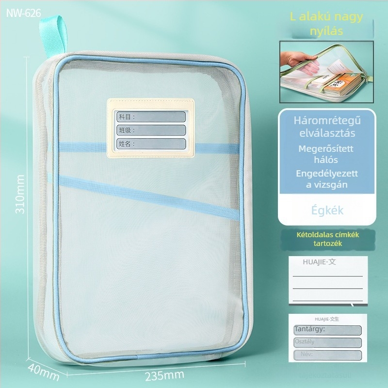 Small barley nylon háló dokumentumtáska, dupla rétegű, cipzáras, téglalap alakú