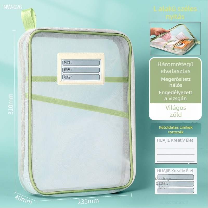 Small barley nylon háló dokumentumtáska, dupla rétegű, cipzáras, téglalap alakú