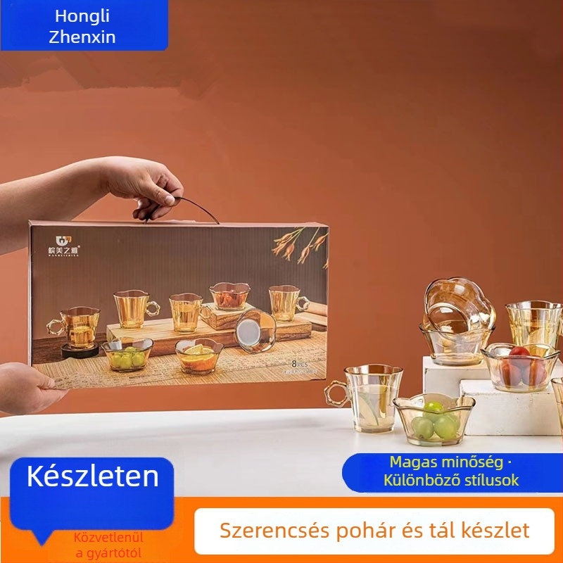 Nyolcdarabos üvegtál és pohár készlet fogantyúval, tejpohár, modern egyszerű stílus, szerencsés mintázat
