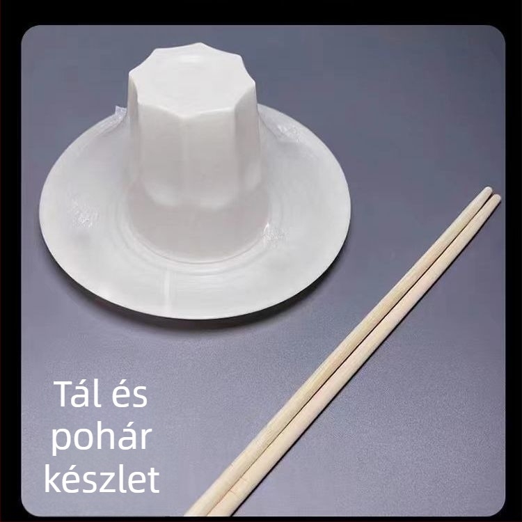 Egyszer használatos étkezési készlet – négy darabos: tálak és evőpálcikák – műanyag, nem lebomló, élelmiszer-biztonsági minőség