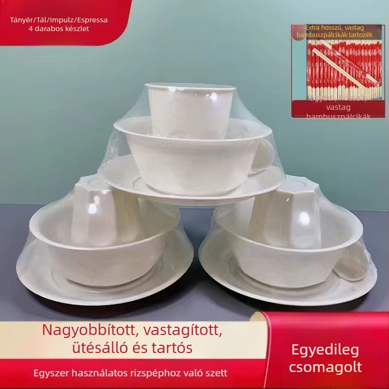 Egyszer használatos étkezési készlet – négy darabos: tálak és evőpálcikák – műanyag, nem lebomló, élelmiszer-biztonsági minőség