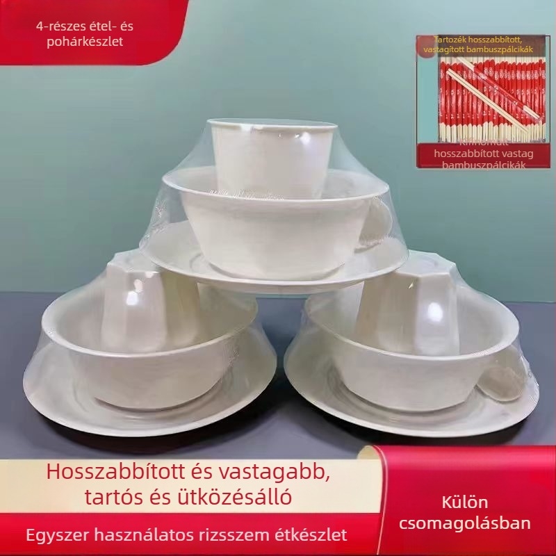 Egyszer használatos étkezési készlet – négy darabos: tálak és evőpálcikák – műanyag, nem lebomló, élelmiszer-biztonsági minőség