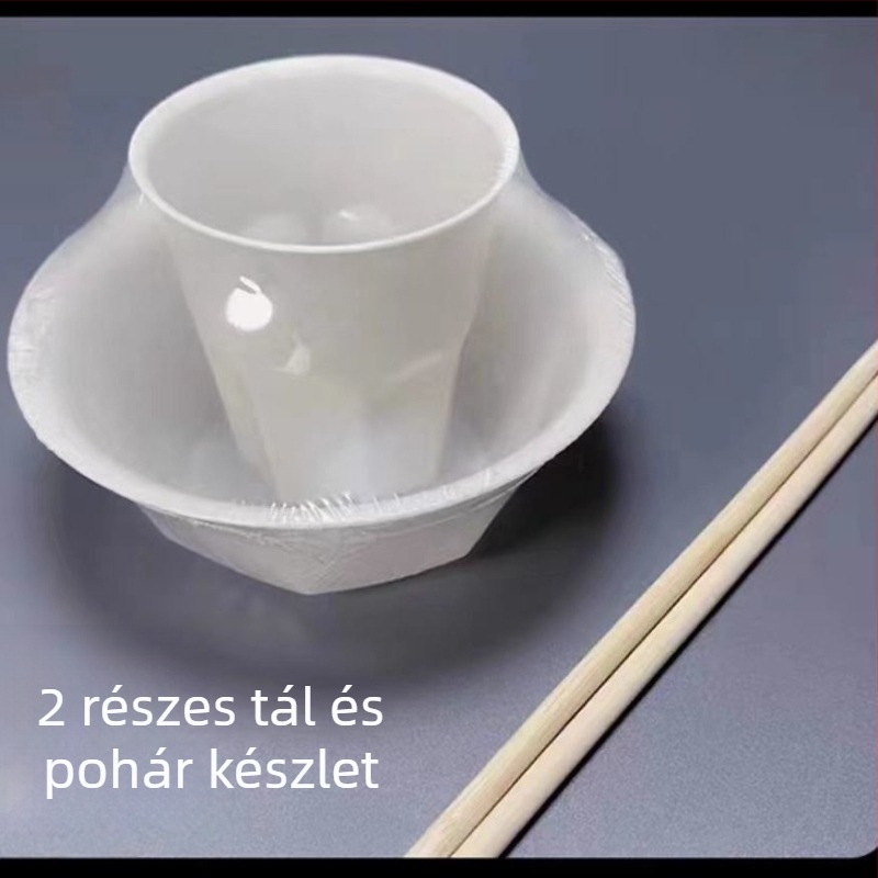 Egyszer használatos étkezési készlet – négy darabos: tálak és evőpálcikák – műanyag, nem lebomló, élelmiszer-biztonsági minőség