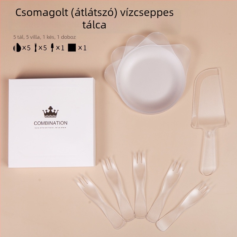 Négy az egyben egyszer használatos születésnapi evőeszköz készlet tortadobozzal, vízcsepp alakú tányérral és hullámmintás villával