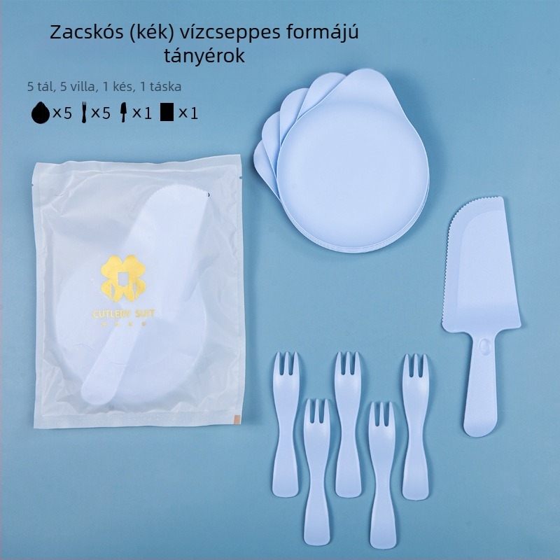 Négy az egyben egyszer használatos születésnapi evőeszköz készlet tortadobozzal, vízcsepp alakú tányérral és hullámmintás villával