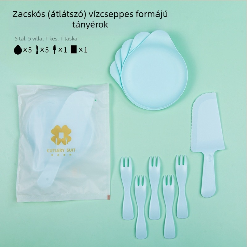 Négy az egyben egyszer használatos születésnapi evőeszköz készlet tortadobozzal, vízcsepp alakú tányérral és hullámmintás villával