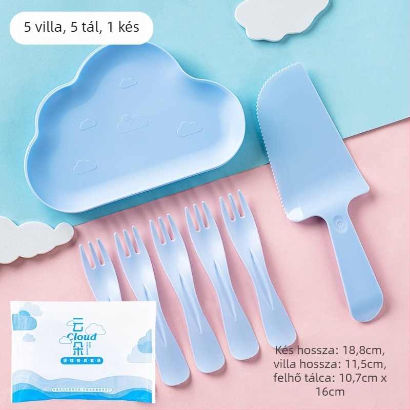 Négy az egyben egyszer használatos születésnapi evőeszköz készlet tortadobozzal, vízcsepp alakú tányérral és hullámmintás villával