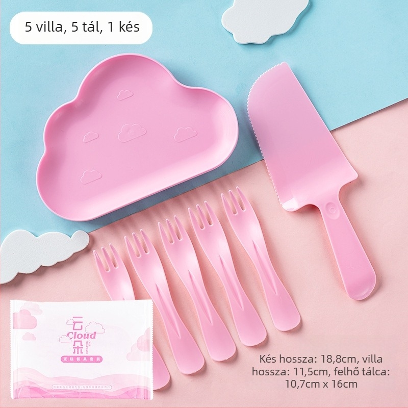 Négy az egyben egyszer használatos születésnapi evőeszköz készlet tortadobozzal, vízcsepp alakú tányérral és hullámmintás villával