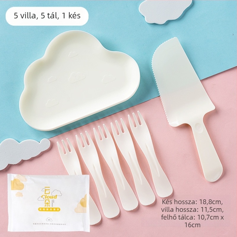 Négy az egyben egyszer használatos születésnapi evőeszköz készlet tortadobozzal, vízcsepp alakú tányérral és hullámmintás villával