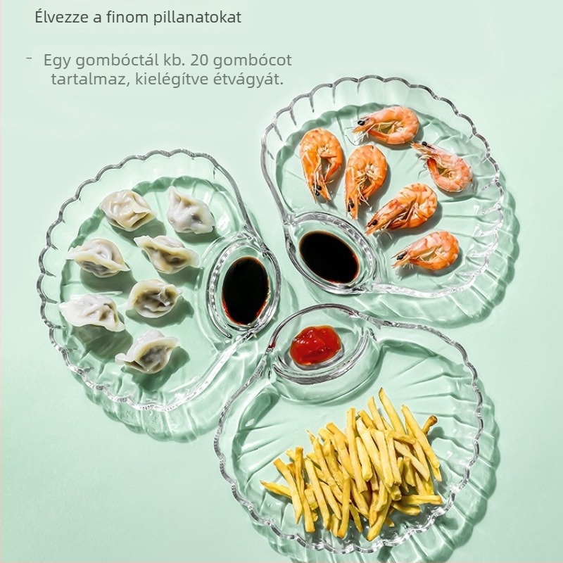 Gyoza tál ecetkészlettel, üveg gyoza tál szeparált kagyló dizájnnal, kreatív gyümölcstál (Forma: szektor; Anyag: selyem virág; Mikrohullámú sütő: nem használható)