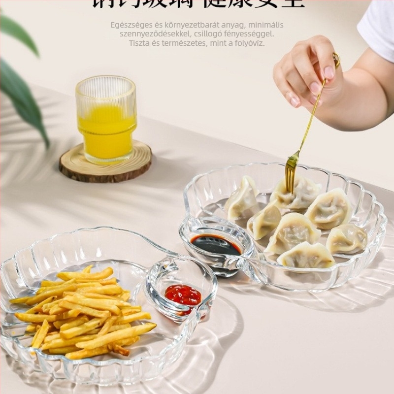 Gyoza tál ecetkészlettel, üveg gyoza tál szeparált kagyló dizájnnal, kreatív gyümölcstál (Forma: szektor; Anyag: selyem virág; Mikrohullámú sütő: nem használható)